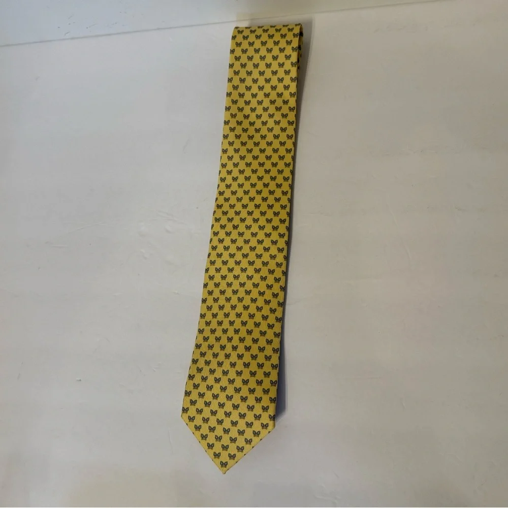 SALVATORE FERRAGAMO Italy Silk Tie Yellow with blue & brown butterflies